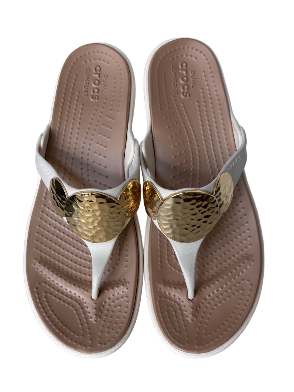 Crocs Sanrah Hammered Circle Wedge Flip Sandals-  oyster/gold - 10